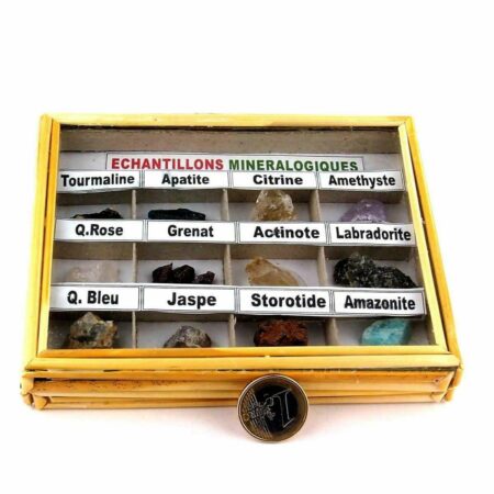 12 teiliges Mineralien | Kristalle – Set aus Madagaskar in Holzbox mit Glasdeckel Handarbeit Edelsteine Heilsteine bei Wunderstein24