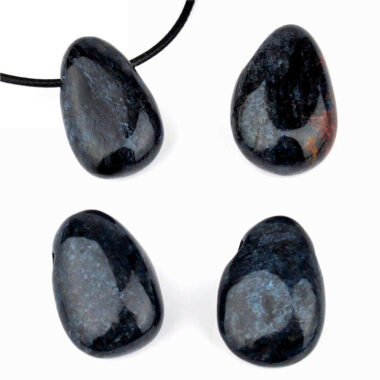 Pietersit blau Cabochon Anhänger seitlich gebohrt mit schwarzem Satinband Edelsteine Heilsteine bei Wunderstein24