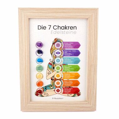 Chakra – energiestarkes Edelstein Bild mit 7 Chakren im Holzrahmen und echten Steinen Edelsteine Heilsteine bei Wunderstein24
