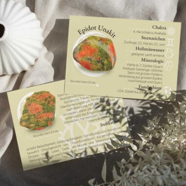 Epidot | Unakit Mineralien Bestimmungskärtchen Sammelkarte Edelsteine Heilsteine bei Wunderstein24