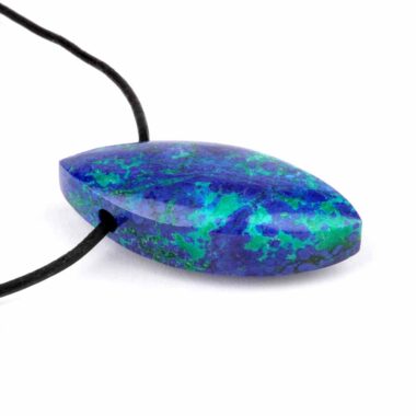 Azurit & Malachit & Chrysokoll Navette Anhänger seitlich gebohrt mit schwarzem Satinband Edelsteine Heilsteine bei Wunderstein24